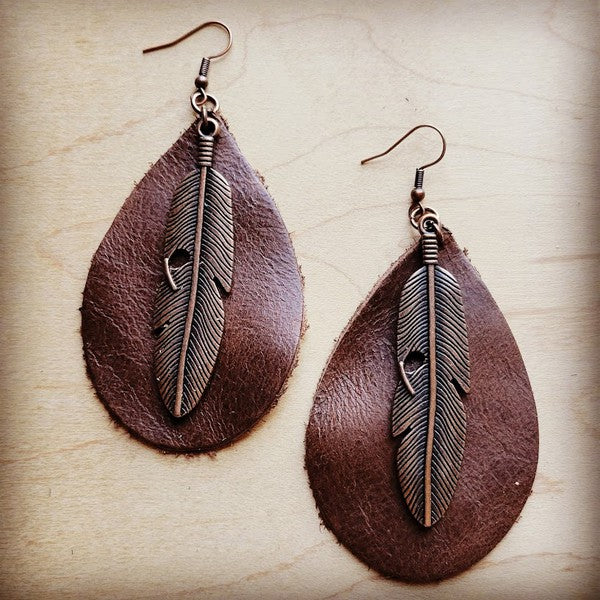 Leather Teardrop Earrings Brown w/ Copper Feather