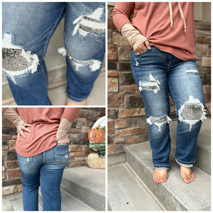 S-Suki Mid Rise Sequin Patch Tapered Jeans