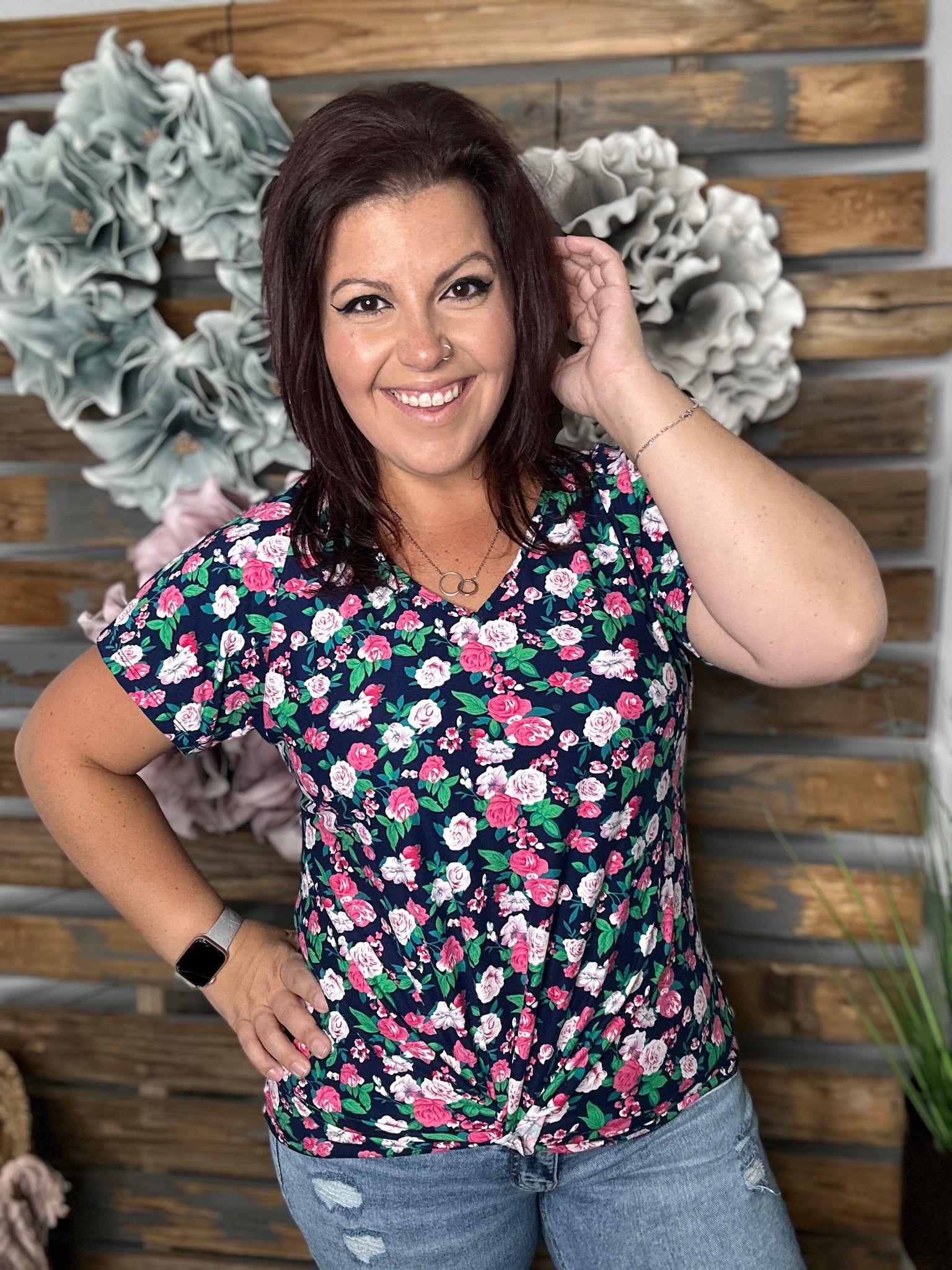 Navy Floral Knotted Short Sleeve Top