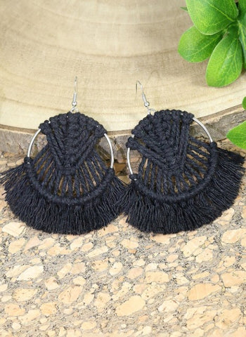 Black Crochet Tassel Drop Earrings