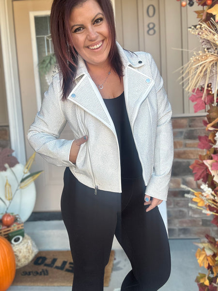 Crystal Studded Stretch Zip Up Moto Jacket