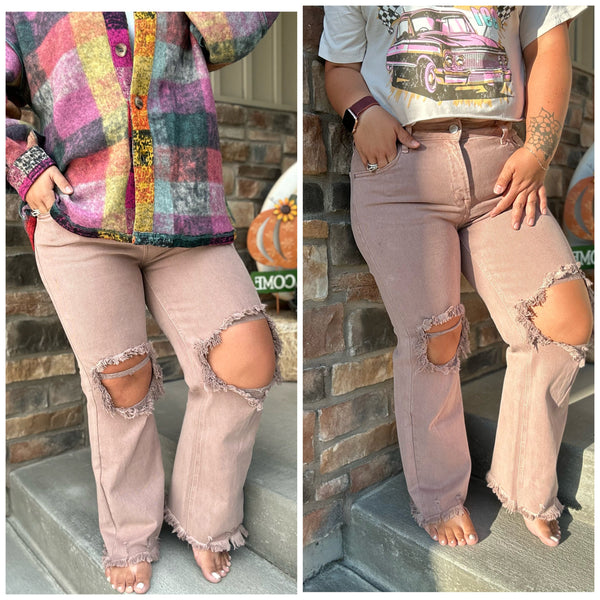 S-Babs High Rise Distressed Straight Jeans in Mauve