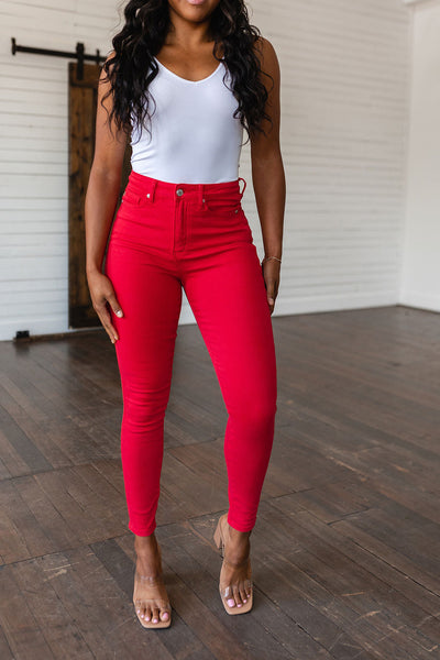 S - Ruby High Rise Control Top Garment Dyed Skinny Jeans in Red
