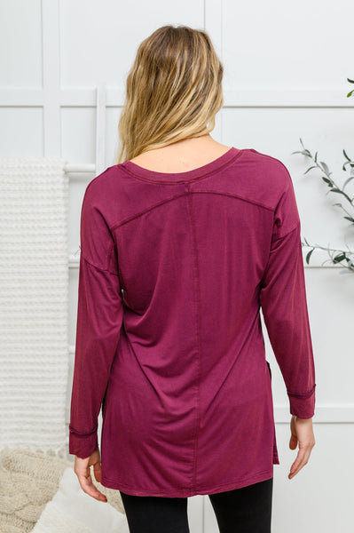 Long Sleeve Knit Top With Pocket In Burgundy - Rustik Sage Boutique