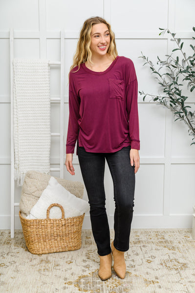 Long Sleeve Knit Top With Pocket In Burgundy - Rustik Sage Boutique