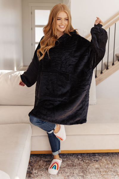 Oversized Velour Blanket Hoodie in Black