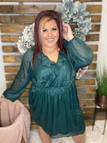 S - Front And Center Balloon Sleeve Dress in Green